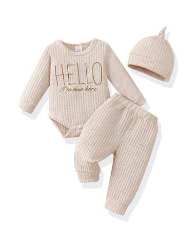 Renotemy Infant 3-6 Month Boy Clothes Coming Home Outfits Baptism Shower Gifts for Boys Newborn Essentials Outfit I'm New Here Long Sleeve Baby Fall Winter Clothing Khaki Romper+Pants+Hat