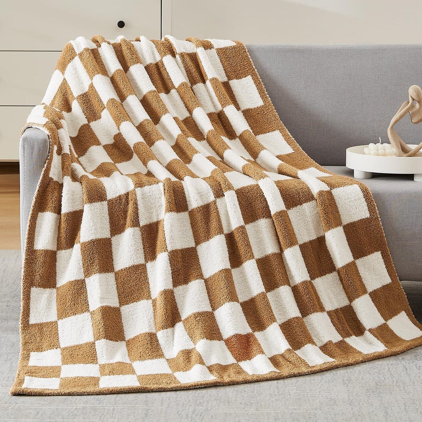 WRENSONGE Fall Checkered Throw Blanket Burnt Orange Soft Cozy Fluffy Warm Hand Made Throw Blankets for Couch Sofa Chair Bed Camping Picnic Travel Lightweight Bed Blanket 5070