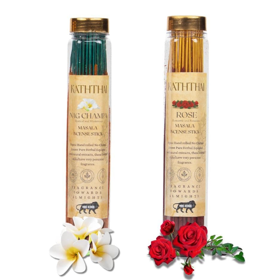 Kaththai Premium Hand Rolled Herbal Agarbathi,100% Organic Masala Agarbatti for Pooja,Room Freshner, Positive Energy & Spa,Yoga Meditation Incense Stick (100gm+100gm, NAGCHAMPA+Rose)