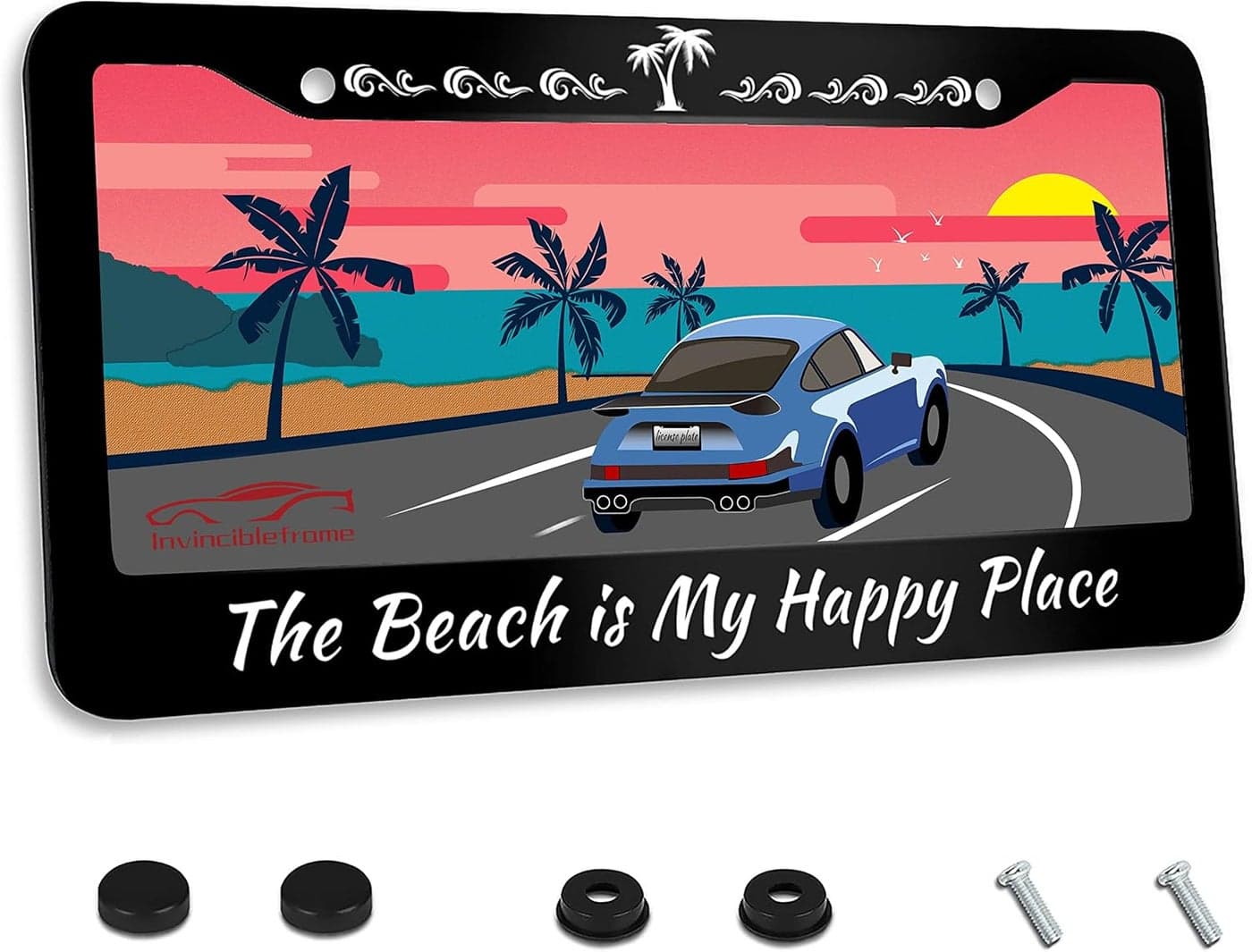 Invincibleframe The Beach is My Happy Place License Plate Frame
