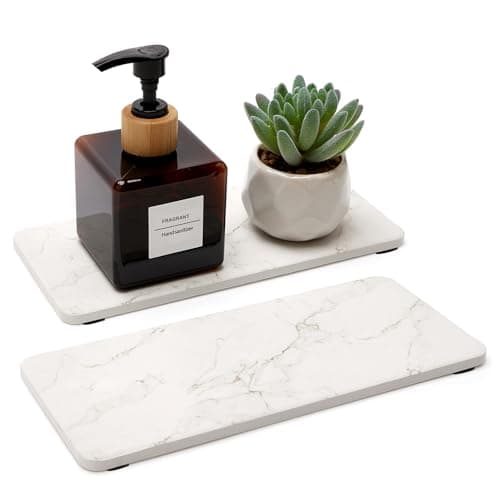 2 Pcs Water Absorbing Stone Drying Trays for Bathroom Sink Kitchen Counter Soap Dish Dispenser Sponge Holder White Ceramic Bathroom Vanity Quick Dry Stone Mat for Kitchen Sink Marble Diatomite Tray