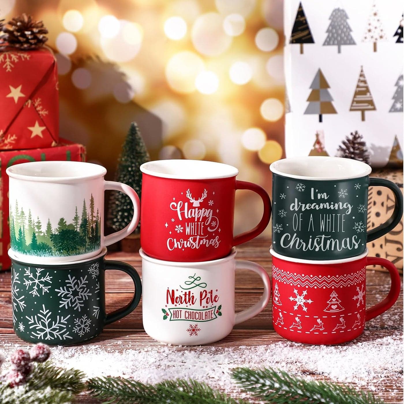 Jinei 6 Pcs Christmas Coffee Mug Christmas Gift Set for Camper Mugs Nature Forest Cups Campfire Gift Mug Hot Chocolate Ceramic Mugs