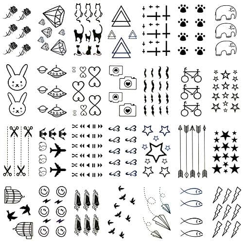 Oottati 30 Sheets Small Cute Temporary Tattoos Kit - Black Foot Print Camera Elephant Star Diamond Cross Bird Cat for Kids Women Men