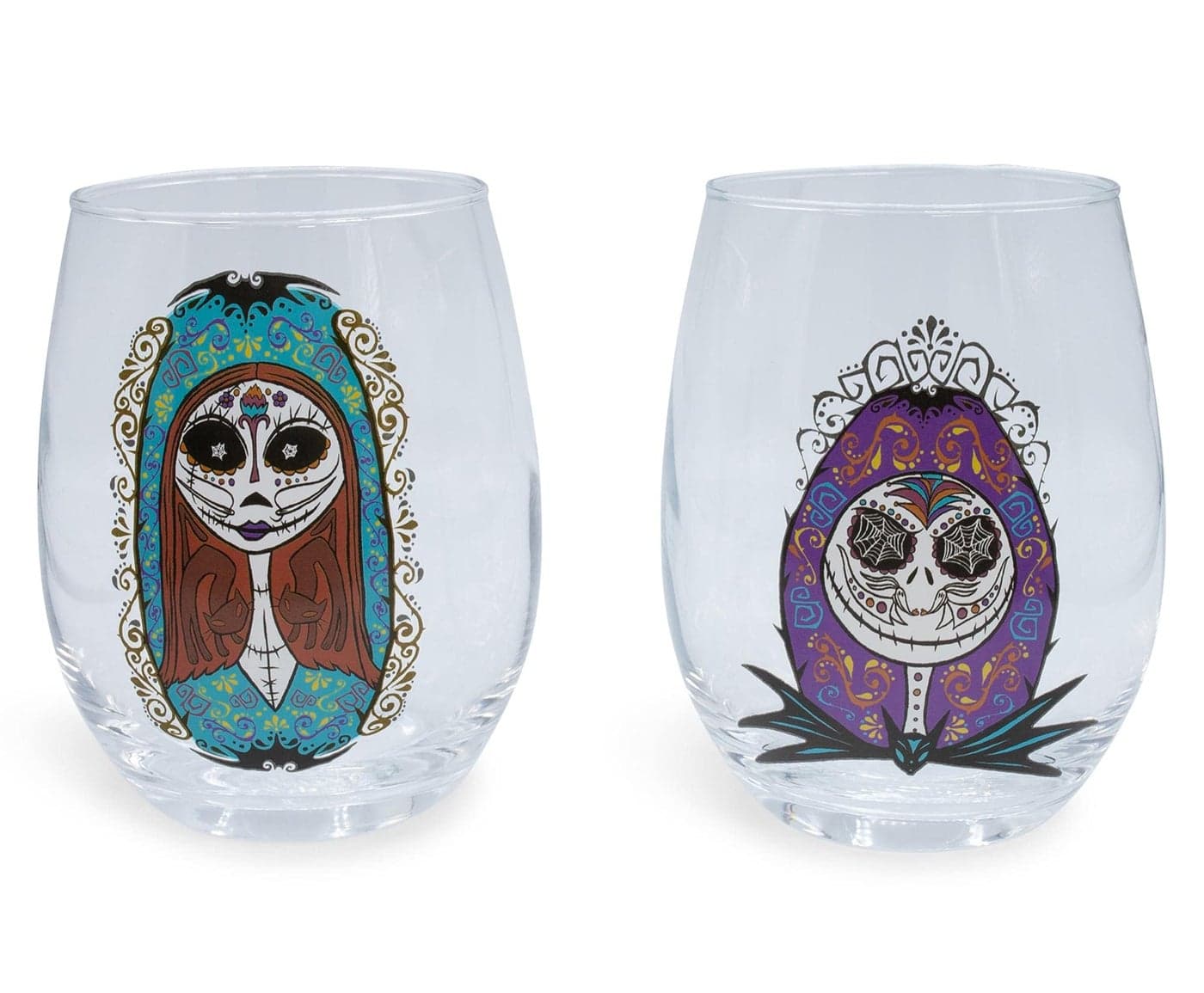 Disney The Nightmare Before Christmas Jack and Sally 20Ounce Stemless Wine Glass Set Cocktail Glasses For Home Kitchen Barware Set Day of the Dead Halloween Home Decor Tim Burton Gifts