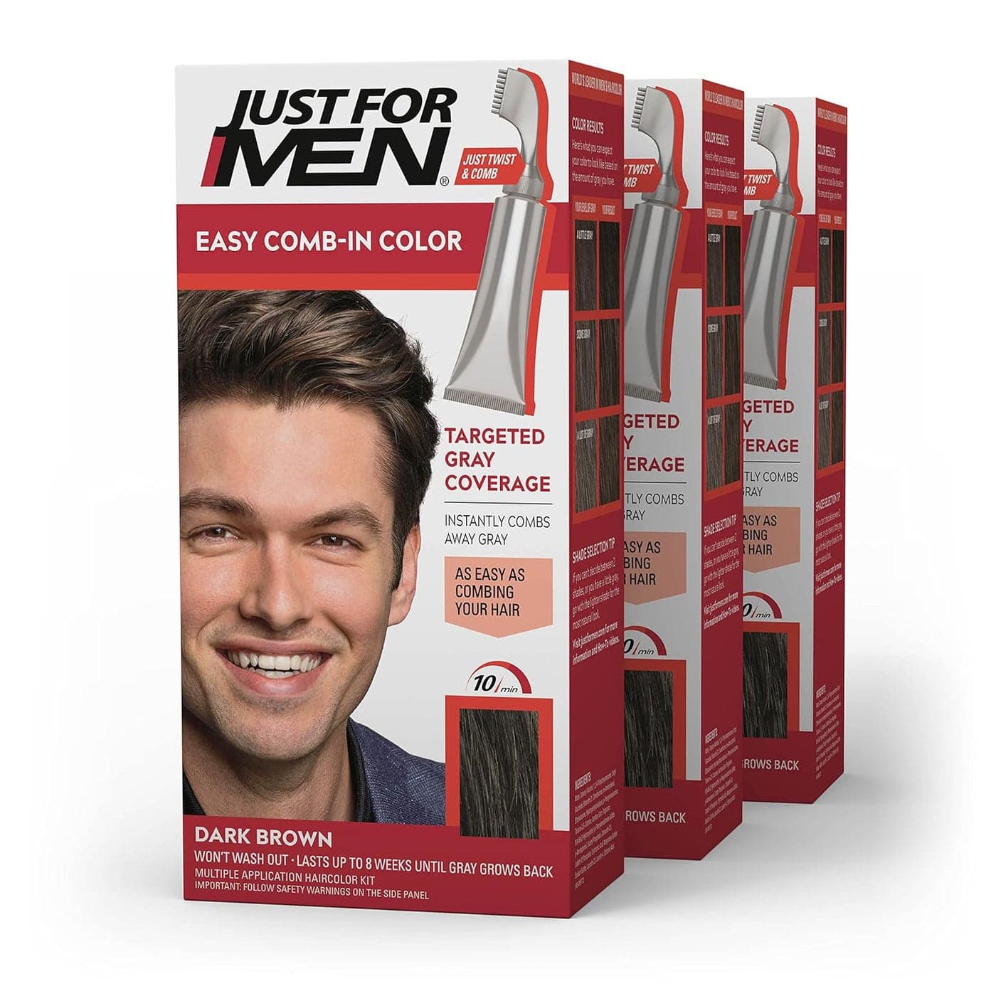 Just For Men Easy CombIn Color Mens Hair Dye Easy No Mix Application with Comb Applicator Dark Brown A45 Pack of 3