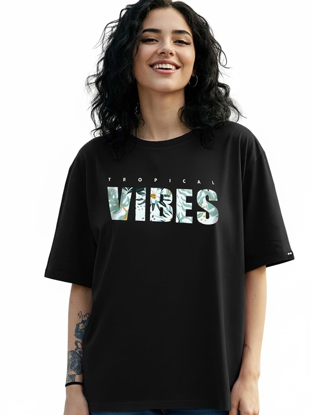 Bewakoof Women's Typography Oversized Fit Half Sleeve Round Neck Cotton T-Shirt