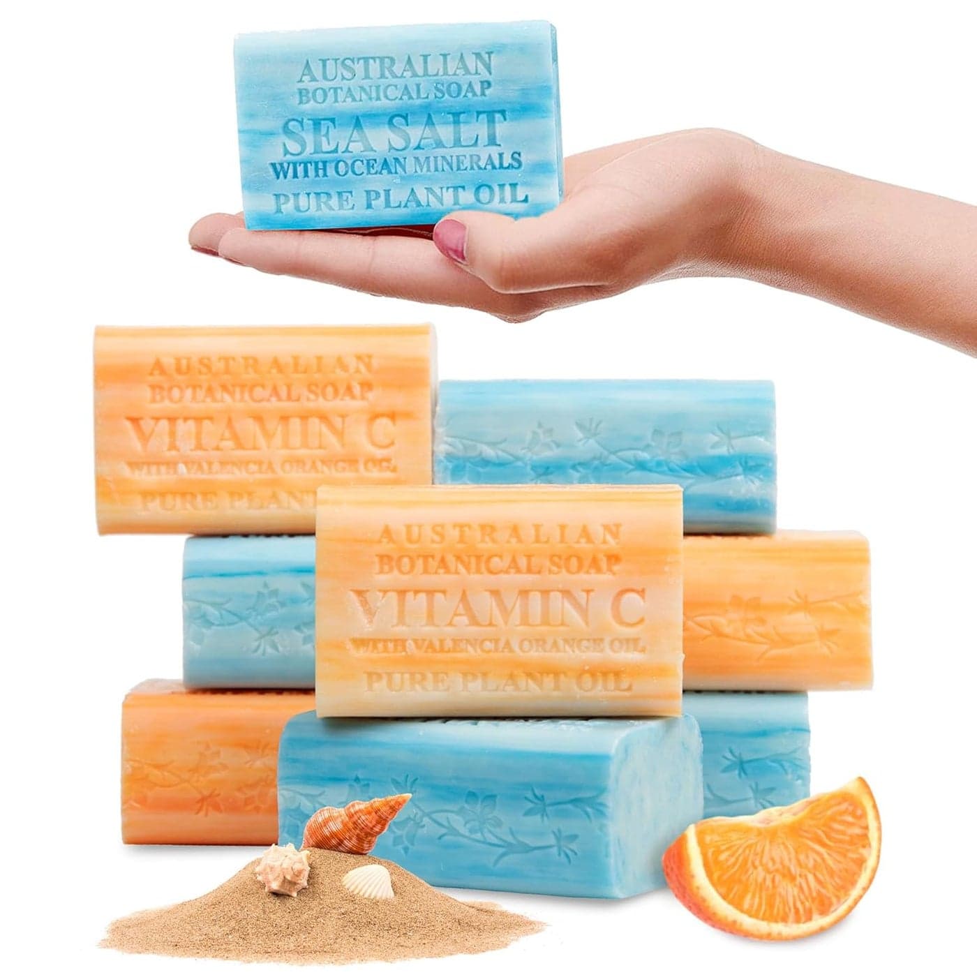 Australian Botanical Soap Variety Pack Includes 4 Valencia Orange and 4 Sea Salt Soap for Face Hands and Body Enriched with Shea Butter Ocean Minerals and Vitamin C