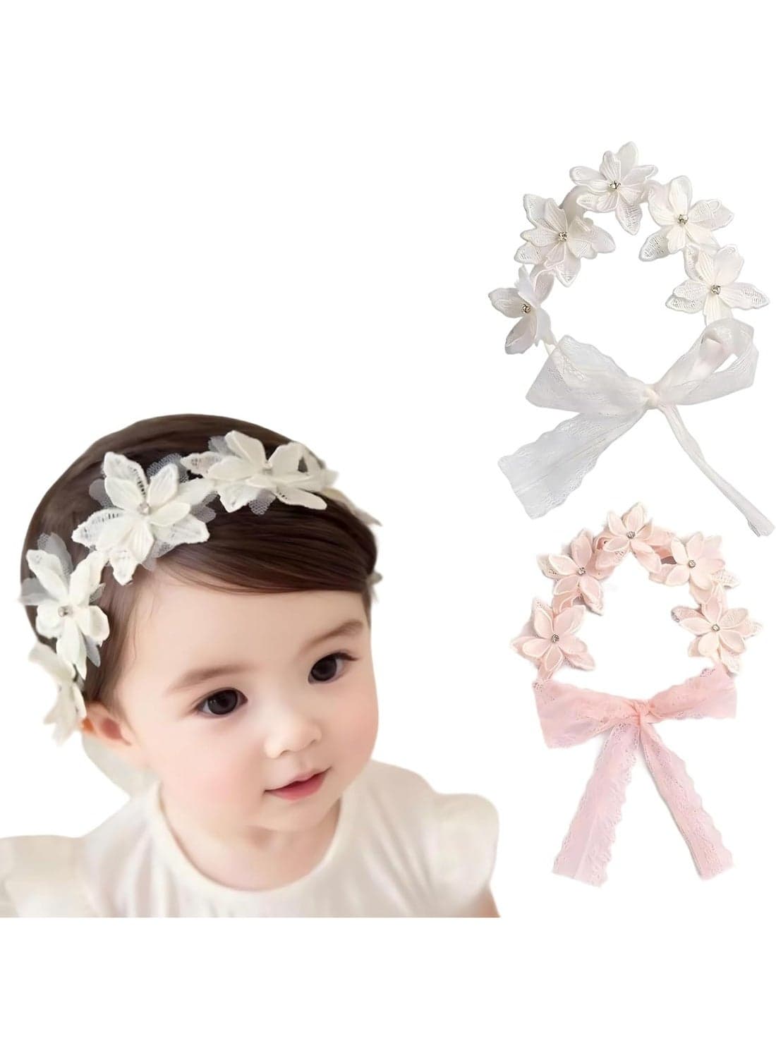 2 Pcs Baby Girls Cute Bow-knot Headband, Soft Lace Floral Hairbands Kids Hair Accessories
