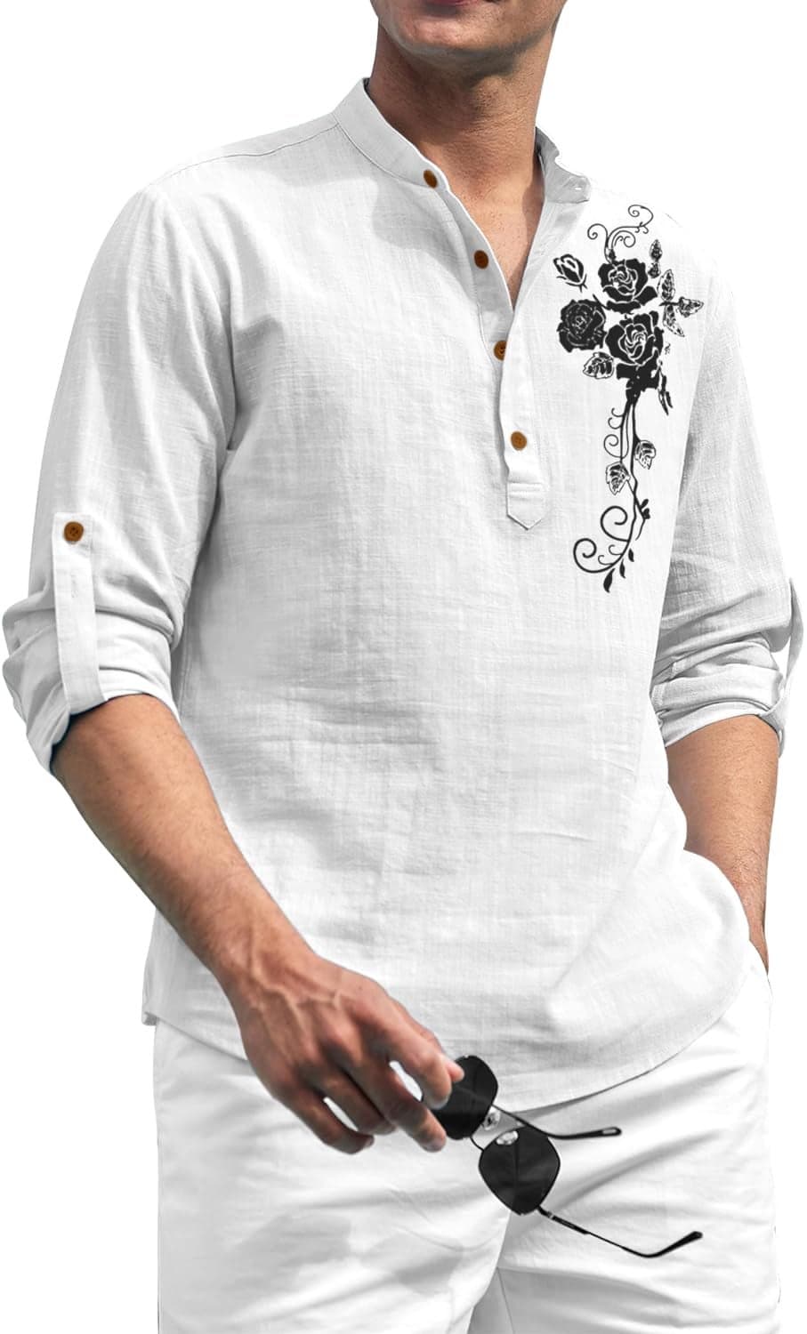 Zombom Men's Cotton Polyester Blend Mandarin Collar Self One Design Printed Full Sleeve Casual Short Kurta Shirt White