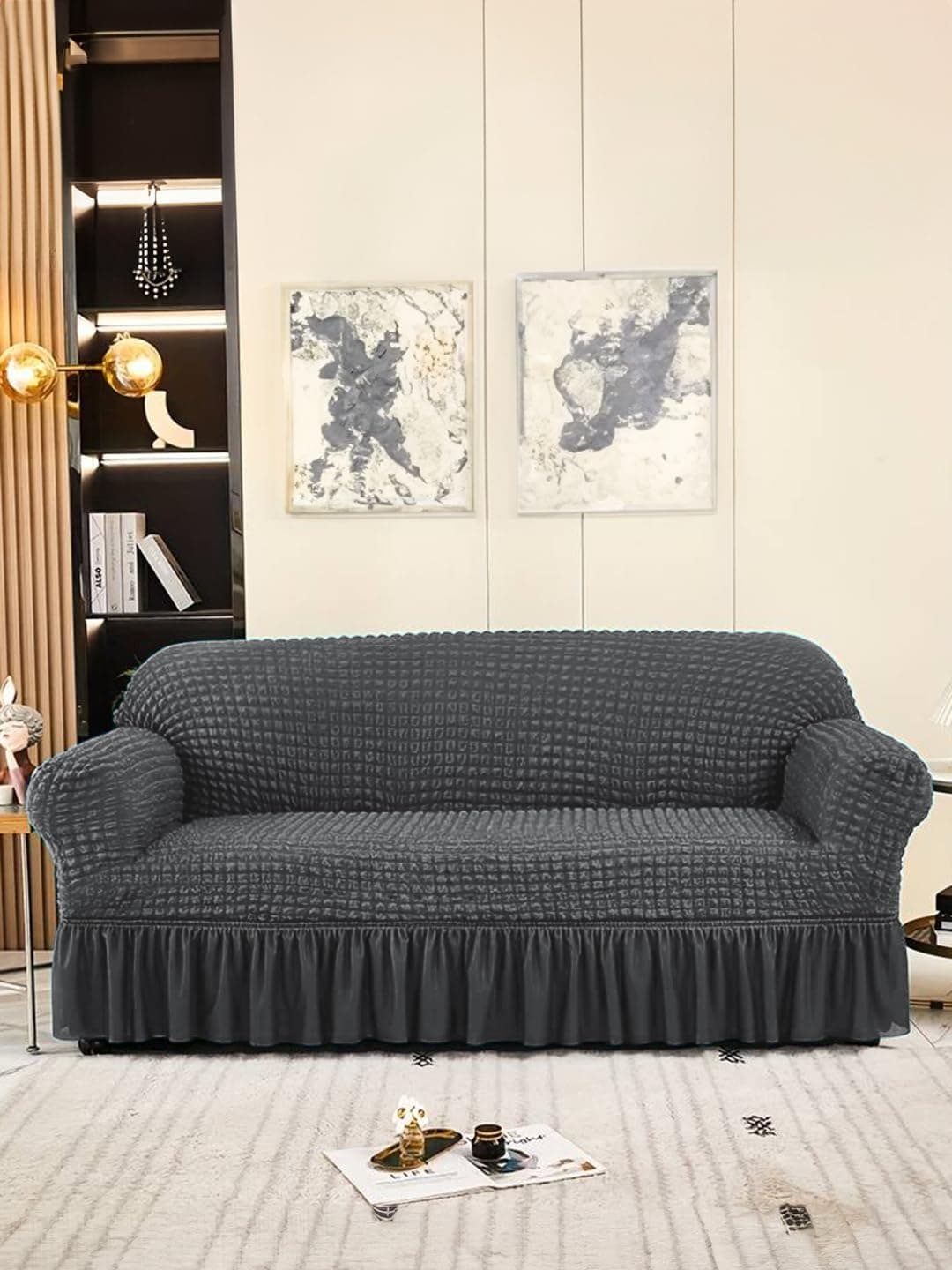 VORHANG Stretch Sofa Slipcover Easy Fitted Sofa Couch Cover with Skirt (Dark Grey -3 Seater) Pack of 1