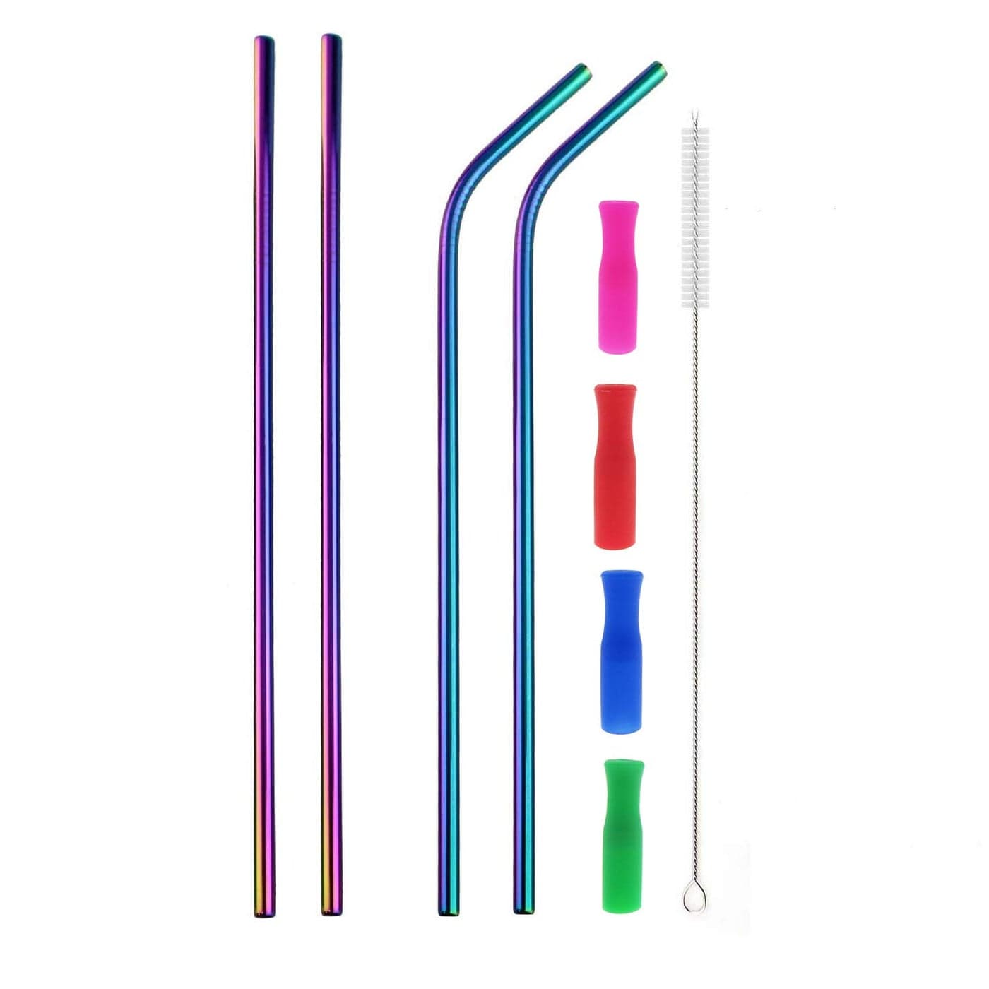 Colorful Stainless Steel Straws 4pcs Ultra Long 12 Reusable Rainbow Color Drinking Straws with Silicone Tips and Cleaning Brush