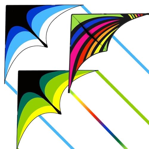 3 Pack Delta Kite Set for Adults and Kids, Single Line Beach Kites for Boys & Girls, Three Handle with String Included (Green, Blue & Rainbow)