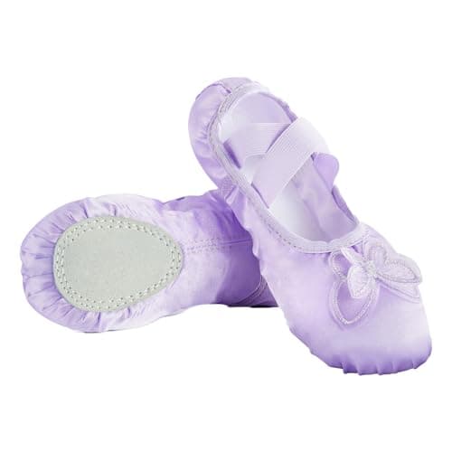 Phineein Enchanting Butterfly Ballet Shoes for Girls Ballerina Flats for Kids Dance - Soft Satin, Split Sole, Purple, Little Kid 12.5