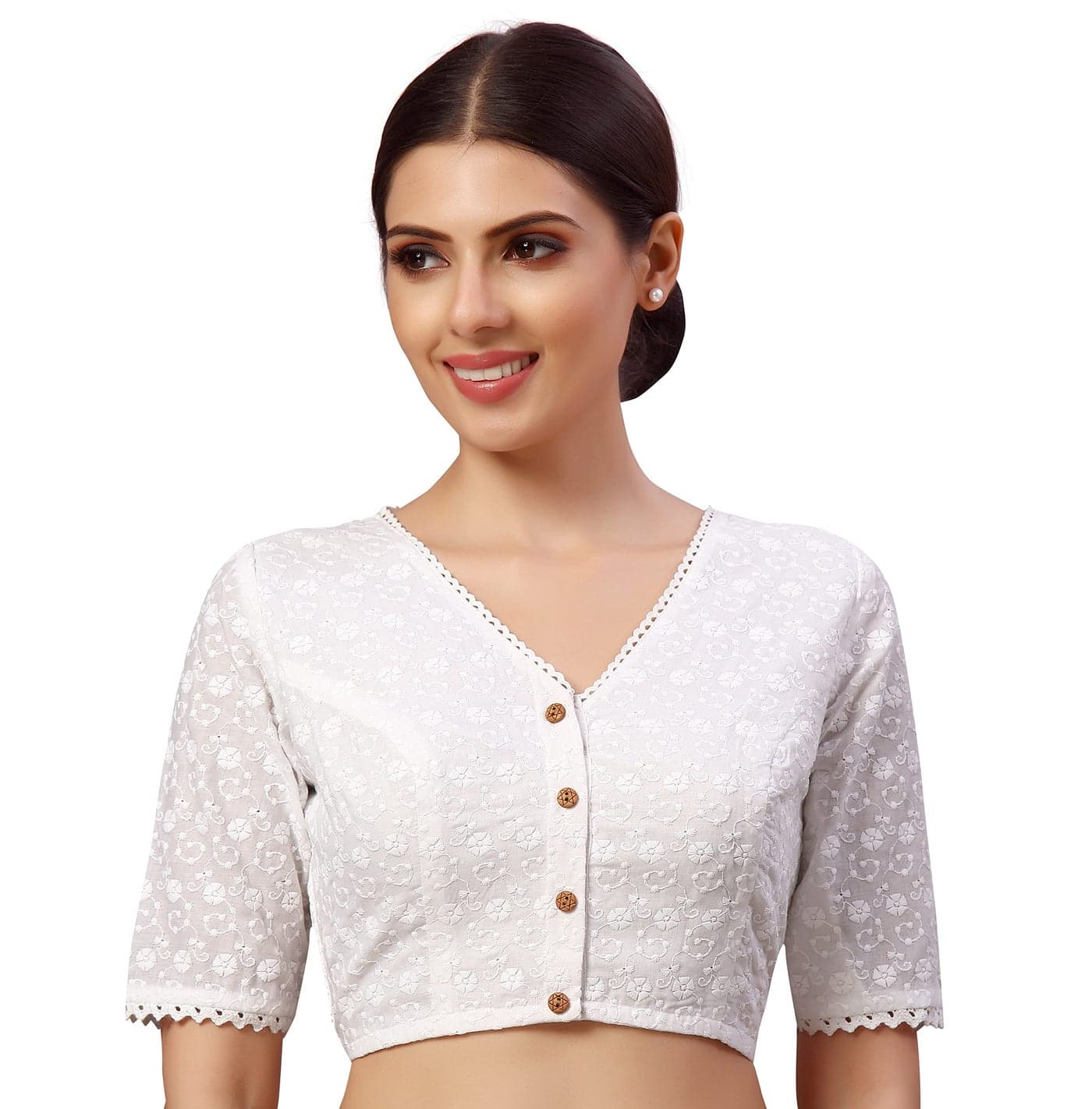 Studio Shringaar Women's Readymade Natural Cotton Elbow Length Sleeves Chikankari Saree Blouse (White, 46)