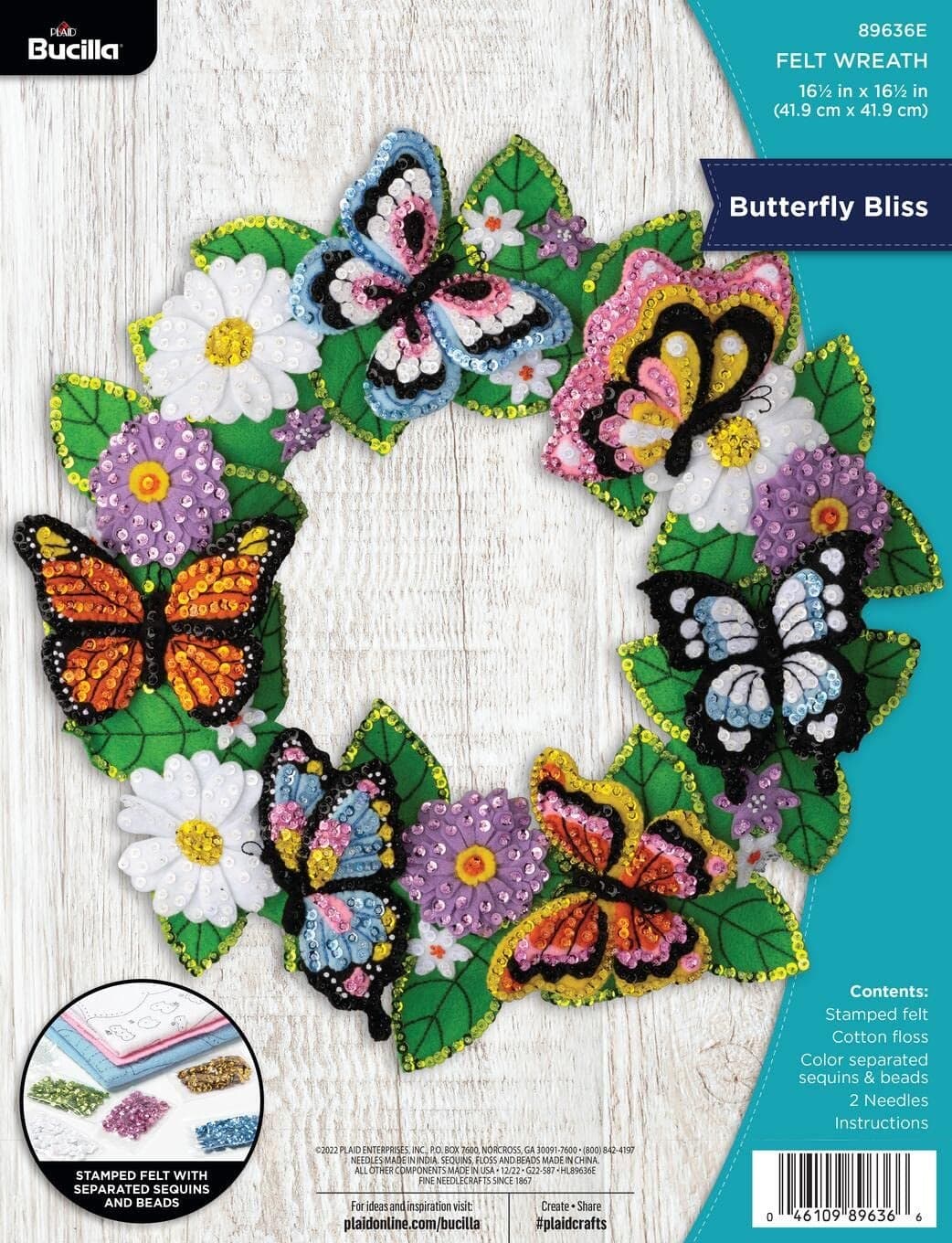 Bucilla Felt Applique Wreath Making Kit Butterfly Bliss Perfect for DIY Arts and Crafts 89636E