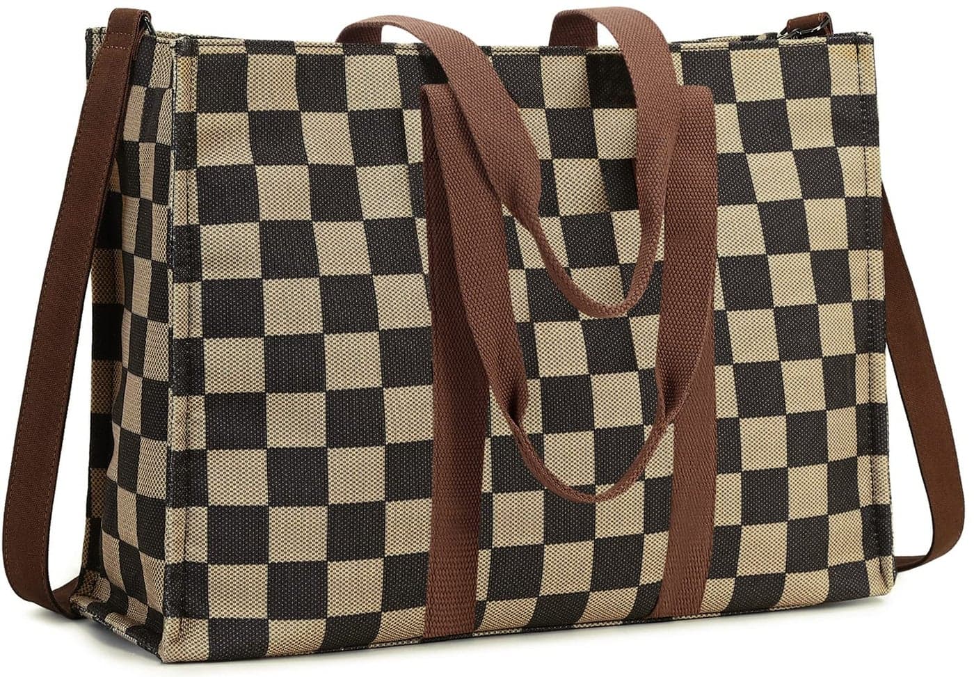 Laptop Tote Bag for Women Work Shoulder Bags 15.6 inch Canvas Lattice Laptop Computer Purse Messenger Teacher Handbag Business Office Briefcase(Khaki-Black)