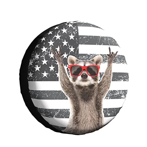 Funny Raccoon Spare Tire Cover Black White American Flag 15 Inch Wheel Protector for Truck SUV Trailer Camping Rv Tire Covers
