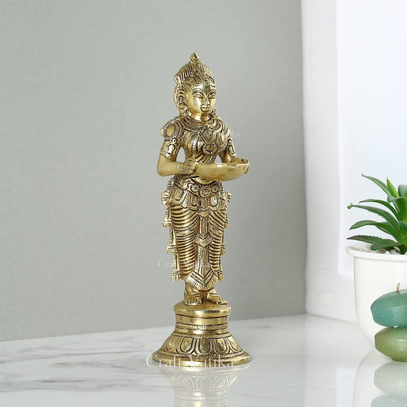 Collectible India Brass Beautiful Lady Statue Holding Diya Gold_ 9 Inch X 3 Inch