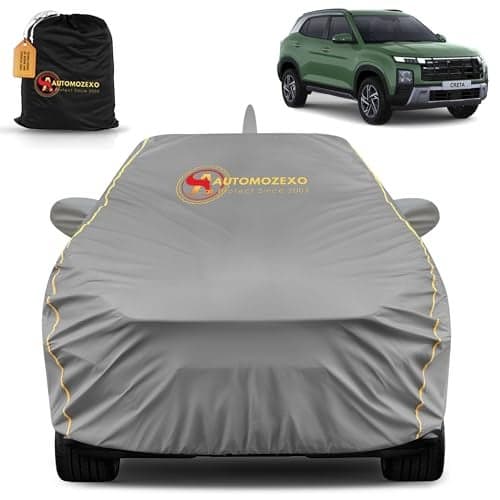 AUTOMOZEXO Hyundai Creta 2020 to 2025 Models 100% Waterproof Car Cover for All Weather Protection, Mirror & Antena Pocket Inner Cotton, Triple Stitched Adjustable Belt & Elastic to Secure Fit -Grey