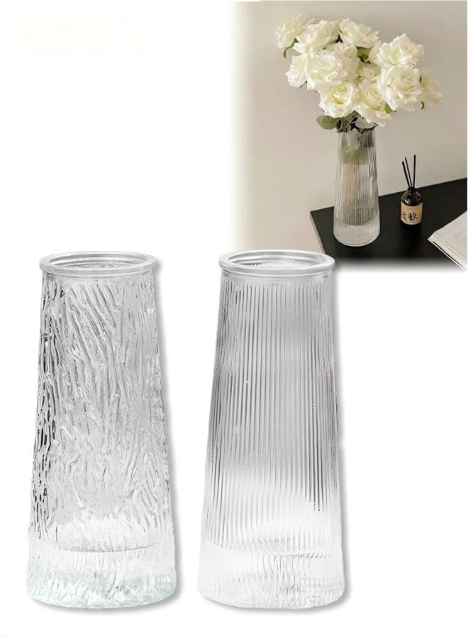 Set of 2 Clear Glass Vase, Minimalist Ins Style Embossed Flower Vase for Home Decor, Clear Tabletop Vase for Wedding Decor, Tabletop Home Decor, Hydroponic Plant Container