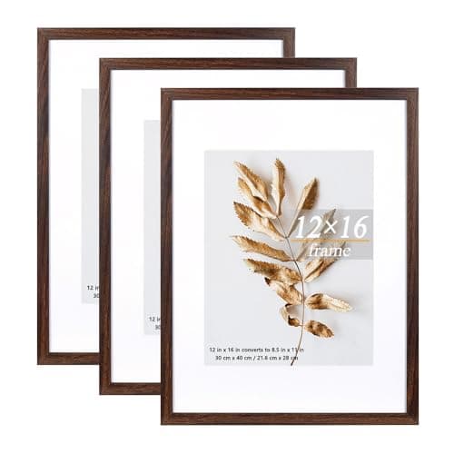 Hogaryo Set of 3 12x16 Picture Frame Brown can Display 8.5x11 Picture with Mat or 12x16 Without Mat on the Wall