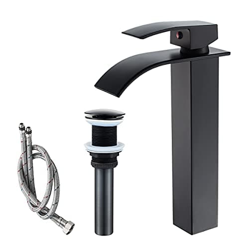 VOTON Vessel Sink Faucet Matte Black Modern Tall Waterfall Bathroom Sink Faucet with Pop-Up Drain Single Handle Bathroom Faucet 1 Hole Bowl Lavatory Vanity Faucet, Rv Sink Camper Farmhouse Faucet