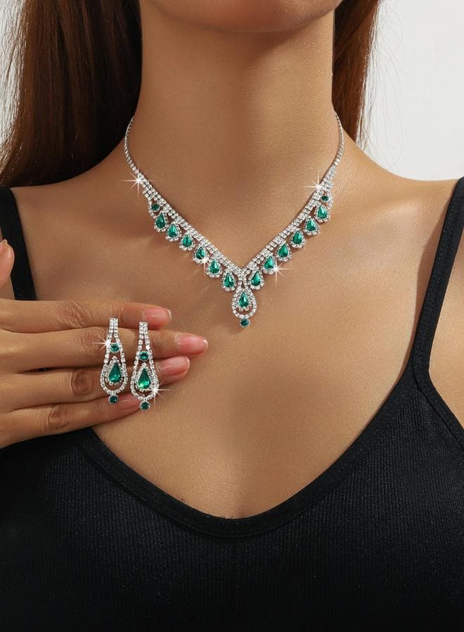Emerald Green Crystal Necklace and Earrings Set