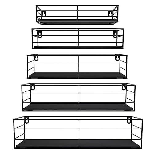 CRUGLA Floating Shelves Wall Mounted Set of 5, Black Hanging Storage Wall Shelf for Bathroom, Kitchen, Bedroom, Living Room Home Decor