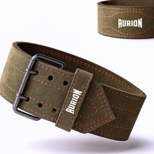 Aurion 6mm Olive Green Suede Leather Weight Lifting Belt for Men & Women | Double-Pronged Buckle | Deadlift & Powerlifting Gym Belt for Back Support | Workout & Exercise Belt | L/XL (36”–46”)