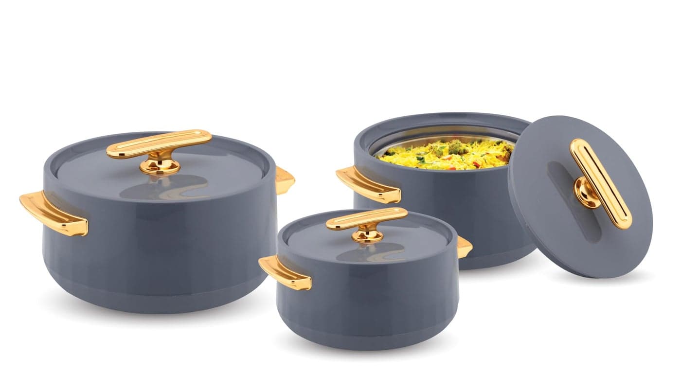 WARMEO Pearl Round Shape Inner Steel Casserole| BPA Free|Advanced P.U. Insulation|Keeps Food hot & Fresh for Long Hours|Chapati, Roti, Biryani and More Set of 3 (1500,2000, 2500ml) Color- Iron Grey