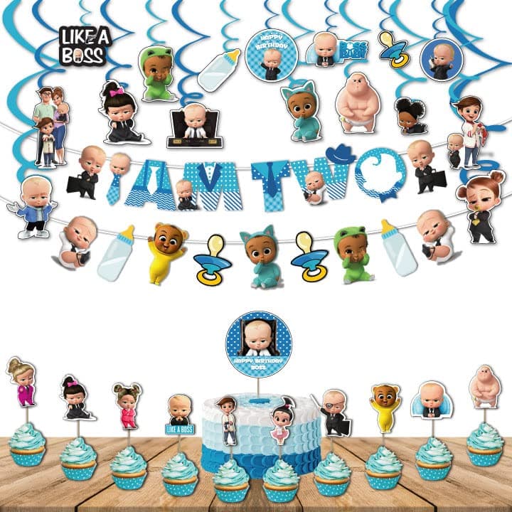 Festiko® Boss Baby Birthday Decorations "I AM TWO", Baby Boss Party Supplies Set Pack of 30 pcs, Party Supplies, Children Party Supplies Decoration - Banner,Swirls,Cake Topper,Cup Cake Topper