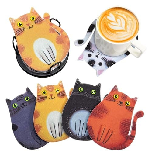 6 Pack Cat Coasters with Holder | Absorbent Felt Coaster Set for Mugs, Non-Slip Table Protectors, Unique Cartoon Kitten Designs, Washable & Scratch Protection Housewarming Gift
