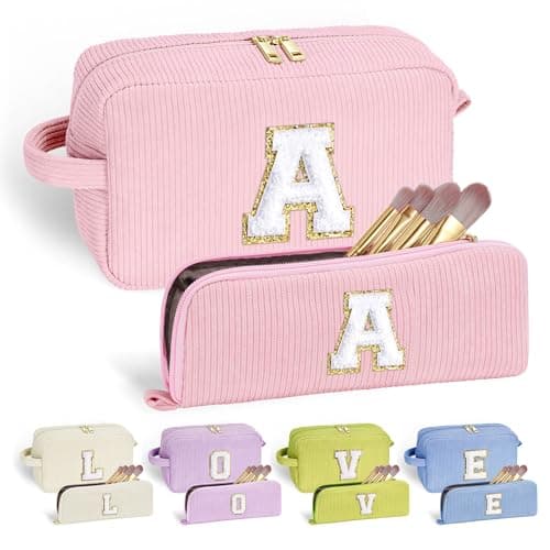 YOOLIFE Personalized Initial Makeup Bag | Pink Cosmetic Travel Toiletry Bag | 11 12 13 14 15 16 Years Old Girl Gifts, Gifts for Women Preppy Stuff Teen Girl Gift Trendy Stuff Letter A