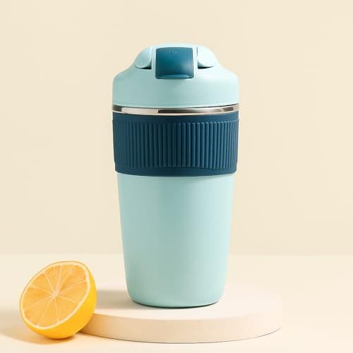 YELONA Macaroon 480 ML Double Wall Insulated Travel Coffee Tumbler Mug Sipper Thermos with 2in1 Flip Up Inbuilt Straw and Sip Lid, Leak Proof (Mint Blue, Stainless Steel)