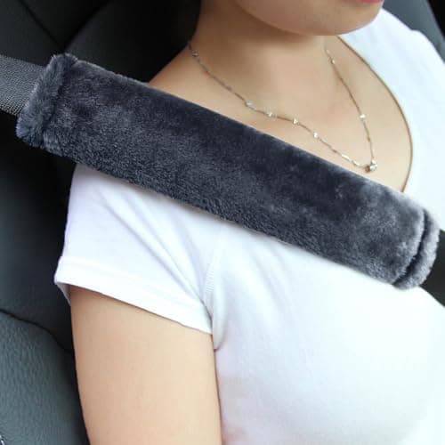 Amooca Soft Faux Fur Universal Fit Seatbelt Cover Car Truck SUV Airplane Seat Belt Shoulder Pad for Carmera Backpack Straps Neck Cushion Protector 2 Pack 105in Dark Blue Grey