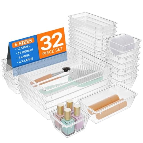 StorMiracle 32 PCS Clear Plastic Drawer Organizer Set 4Size vanity organizer Trays and Storage Bins for Makeup Jewelry and Gadgets in Bedroom Bathroom and Office Clear