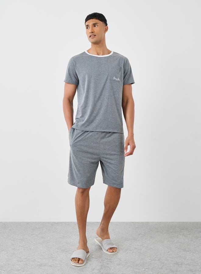 Contrast Neck T-Shirt with Slogan Print Pocket and Shorts Set