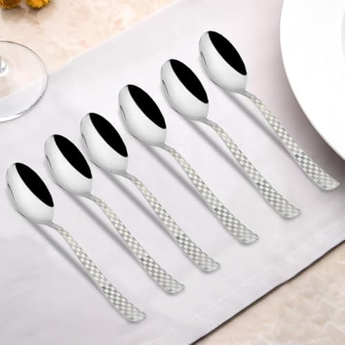Parage 6 Pieces Stainless Steel Premium Dinner Spoons, Spoon Set, Silver, Checks Design, 18.5 cm