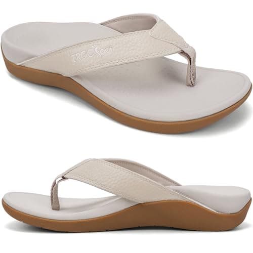 ERGOfoot Orthotic Flip Flops with Arch Support, PU Thong Sandals Walking Comfort with Orthopedic Support for Plantar Fasciitis Flat Feet, Beach Slippers for Women Men/White