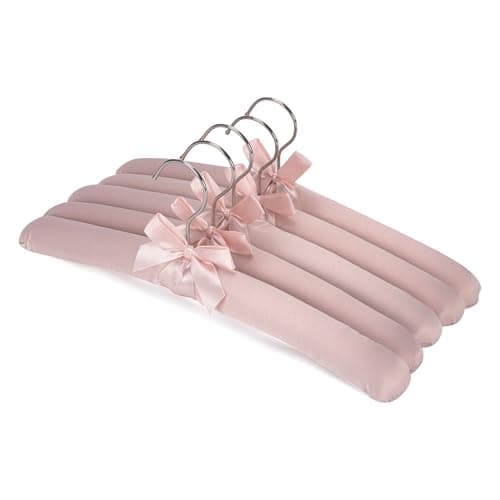NEOVIVA 15 Inch Anti Slip Satin Padded Clothes Hangers for Women Pink Satin Padded Hangers for Women Clothing, No Shoulder Bump for Adult, Silk Hangers for Sweaters, Dresses, Suits (Pack of 5)