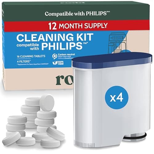 Roobi Cleaning Tablets & Filters Compatible with Philips Saeco. Includes 16 Espresso Cleaning Tablets & 4 Water Filters. Carbon Neutral Philips Cleaner Kit. 1 Year Supply.