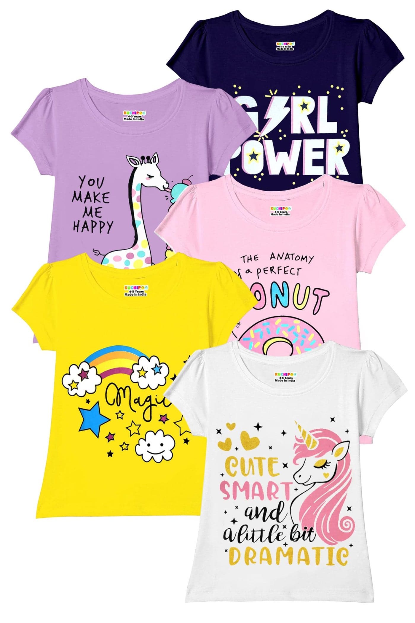 Kuchipoo Girls Regular Fit Half Sleeves Cotton T-Shirts (KUC-TSHRT-476, 11-12 Years, Multi-Colored)