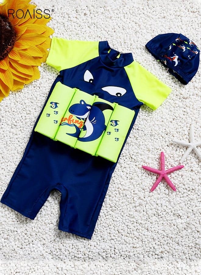Boys' Zipper One Piece Swimsuit with Cap, Short Sleeve Floatsuit with Adjustable Buoyancy, Summer Floatation Bathing Suit, Beach Rash Guard Swimwear for Toddler Boys