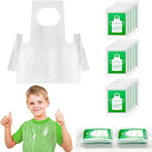 Bazen 100 Pieces Disposable Aprons for Kids Plastic Smocks Clear kids Apron for Toddler Waterproof Oil Proof Art Children Apron for Painting Cooking Eating Teaching Picnic DIY Craft