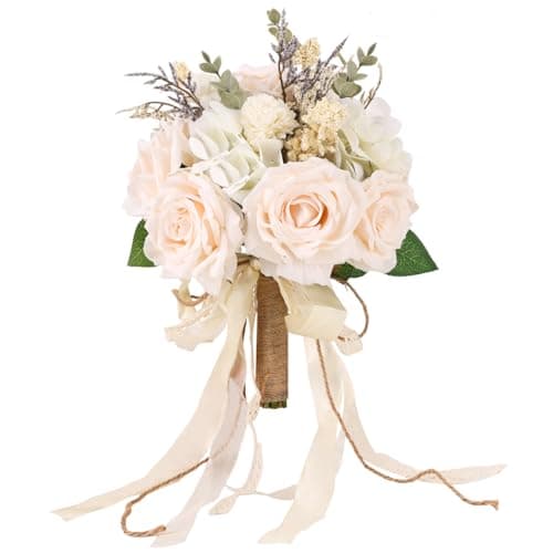CEWOR Wedding Bouquets for Bride Bridesmaid White Champagne Artificial Roses Flowers Wedding Decoration 10in