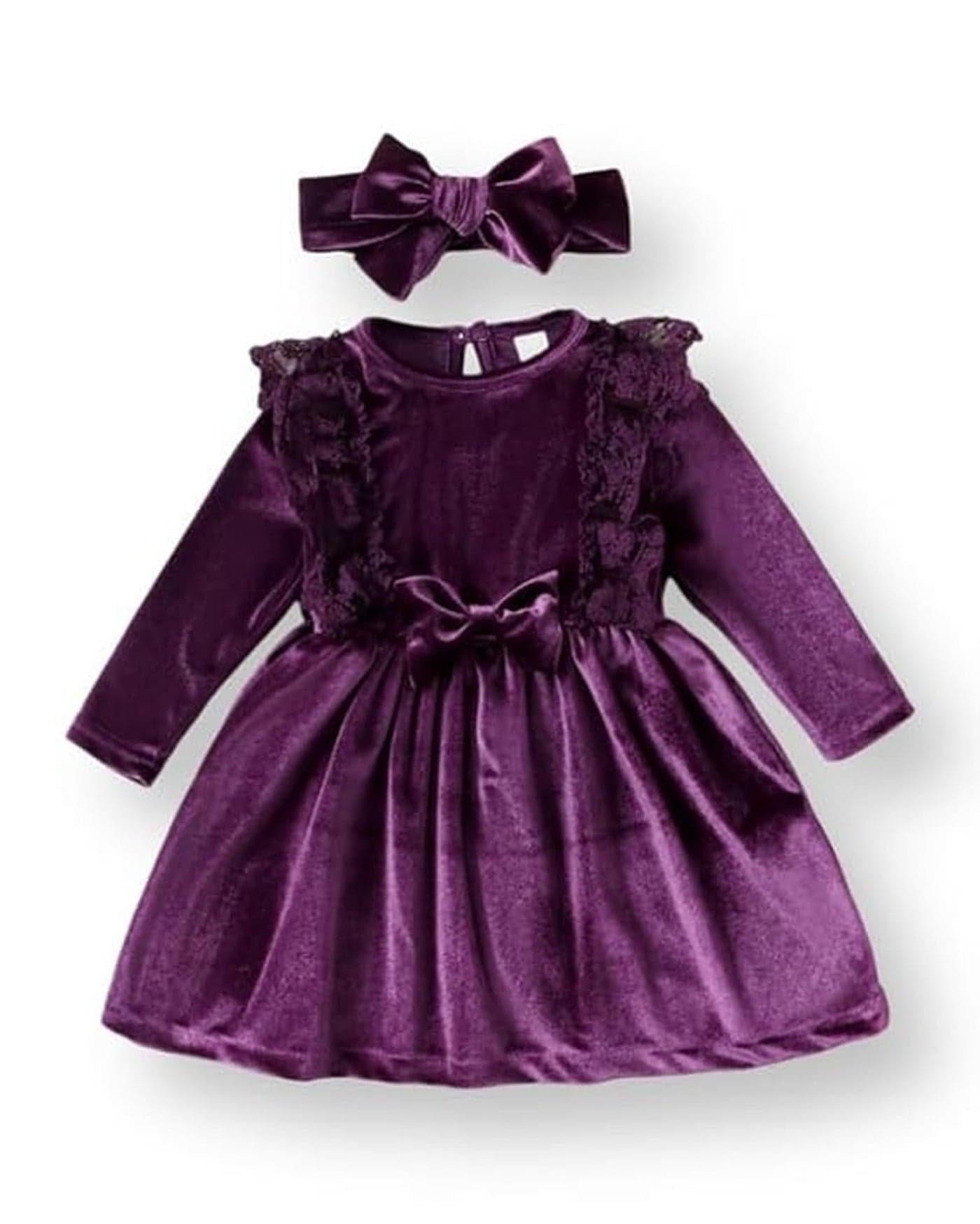 Niren Enterprise Baby Girl's Solid Pattern Velvet Frock Dress with Long Sleeve Knee Length Round Neck and A-Line Style Wine