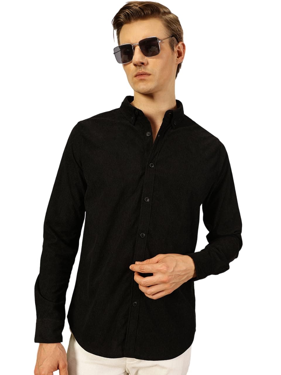 Thomas Scott Mens Slim Fit Corduroy Full Sleeves Casual Shirt (TS1627_Black, 2XL)