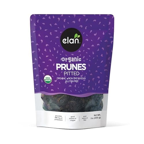 Elan Organic Pitted Prunes, 7.9 oz, Natural Dried Fruit, No Sugar Added, Sulphite-free, Non-GMO, Vegan, Gluten-Free, Kosher, Healthy Snack, Dried Plums