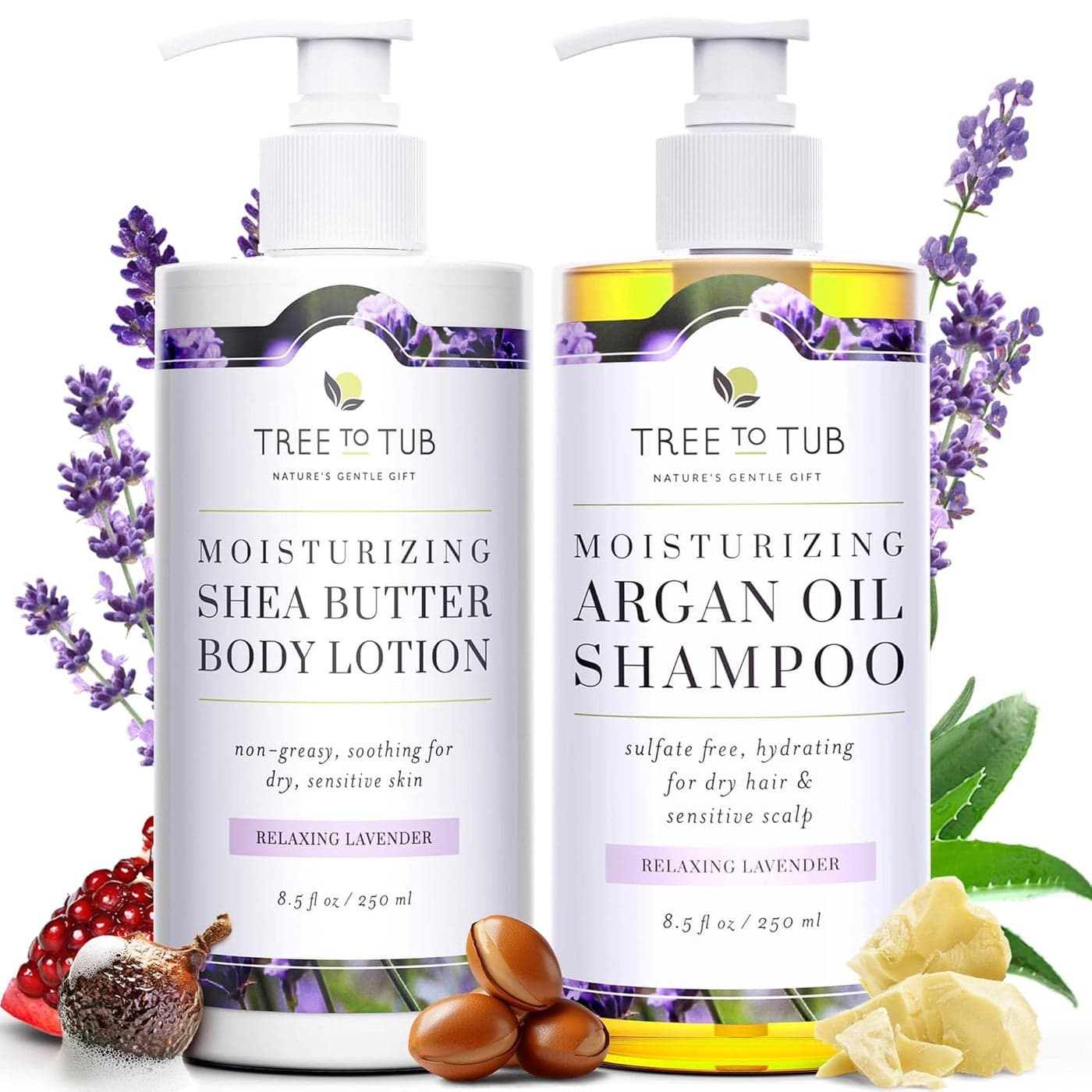 Tree to Tub Lavender Shea Butter Body Lotion for Dry Skin Lavender Dry Hair Shampoo for Sensitive Scalp Moisturizing Sensitive Skin Lotion Gentle Hydrating Dry Scalp Shampoo for Women Men