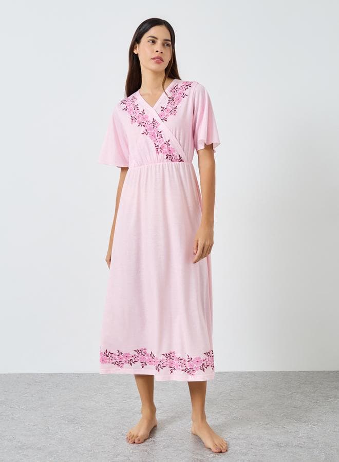 Styli Pink Floral Print Wrap Nightdress